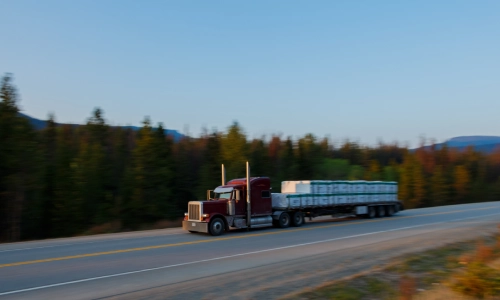 A fast truck pulling cargo with trees in the background