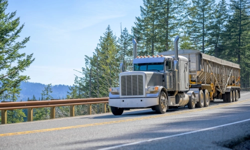 Freight truck in a highway going through a forest area